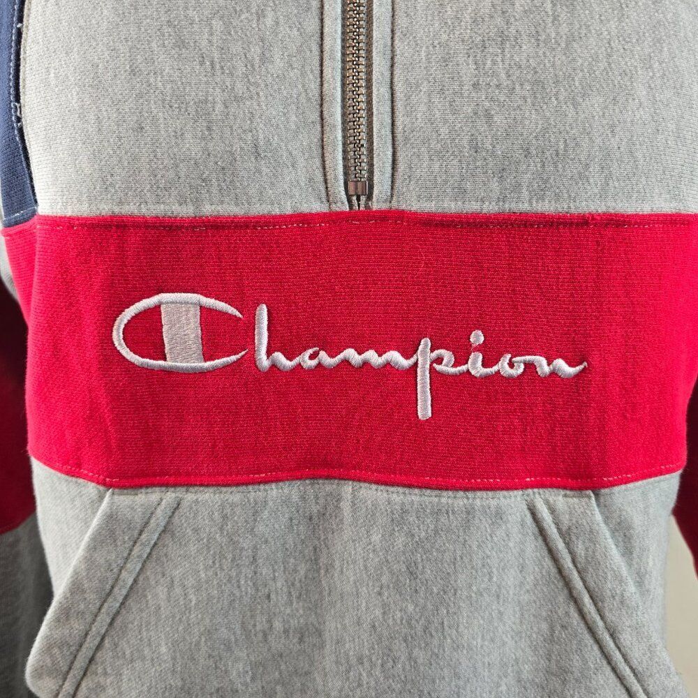 Champion Reverse Weave Mens Small Gray Red Navy Pullover Quarter Zip Sweatshirt - Picture 3 of 9